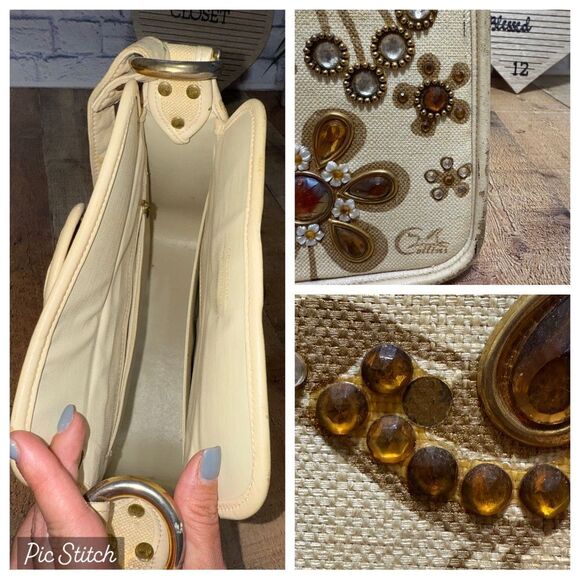 Enid Collins Humdinger Hummingbird Flowers Jeweled Canvas Bag Purse *flaws* - Picture 7 of 13